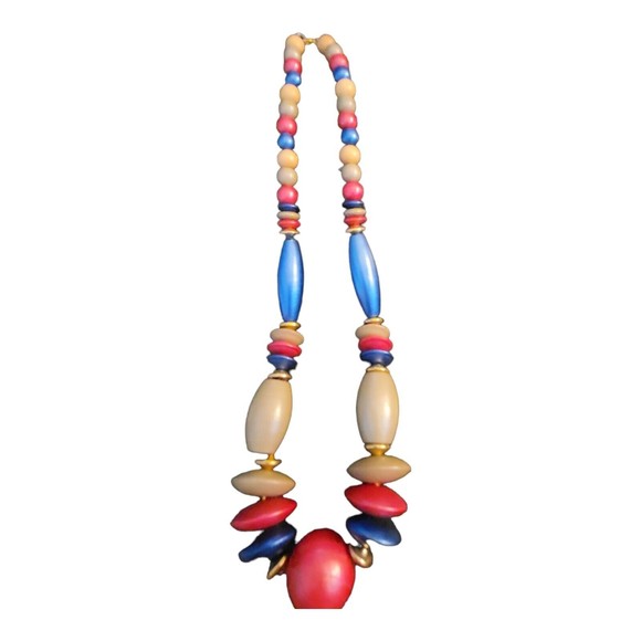 Vintage Wooden Bead Necklace 24" Blue Red Natural Gray Gold 4th Of July - Picture 3 of 4